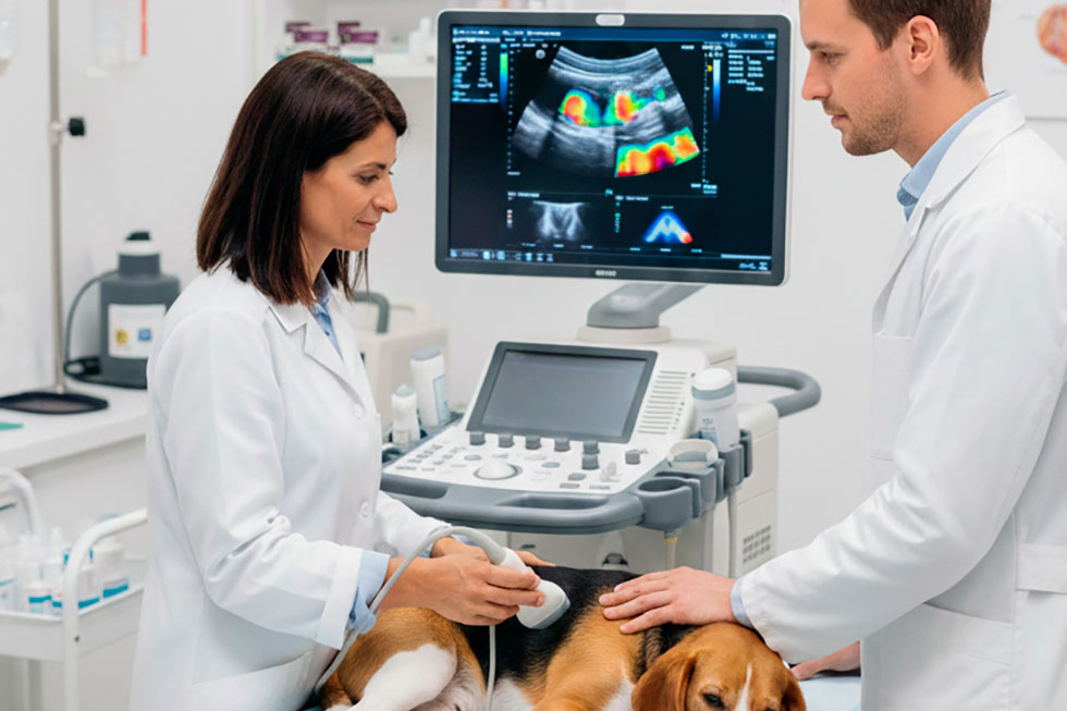 imagen de la veterinaria especialista en diagnóstico por imagen realizando una ecografía con el veterinario titular