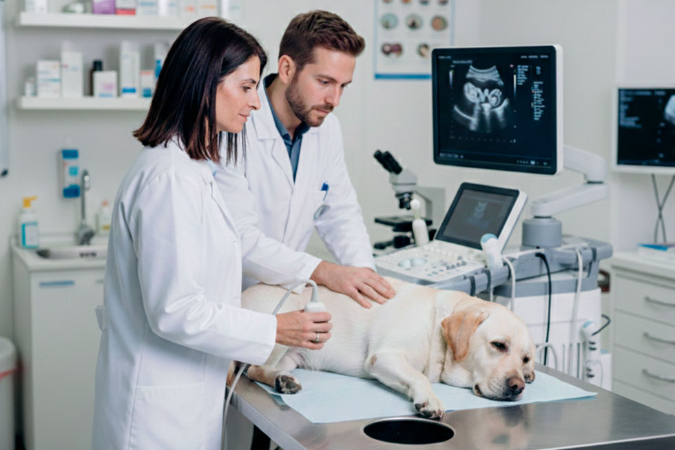 imagen de la veterinaria especialista en diagnóstico por imagen realizando una ecografía con el veterinario titular